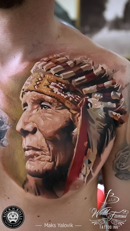 Illustrative style colored chest tattoo of Indian man with helmet