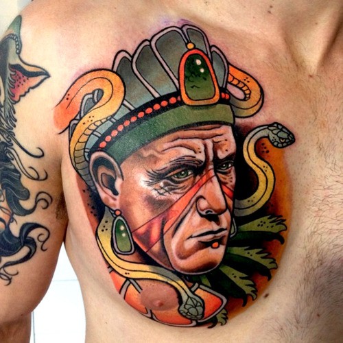 Illustrative style colored chest tattoo of ancient man with snakes