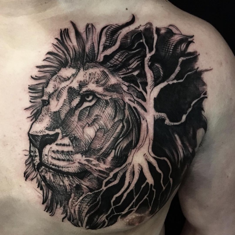 Illustrative style colored chest tattoo of lion head with big tree