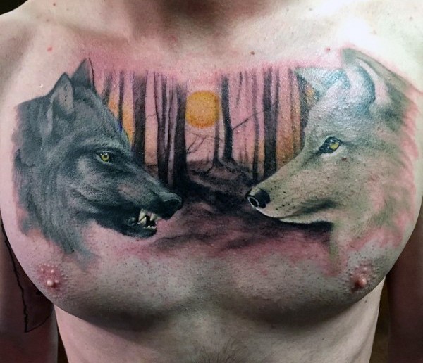 Illustrative style colored chest tattoo of black and white wolves in dark forest