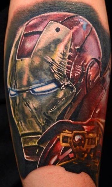 Illustrative style colored corrupted Iron man suit tattoo