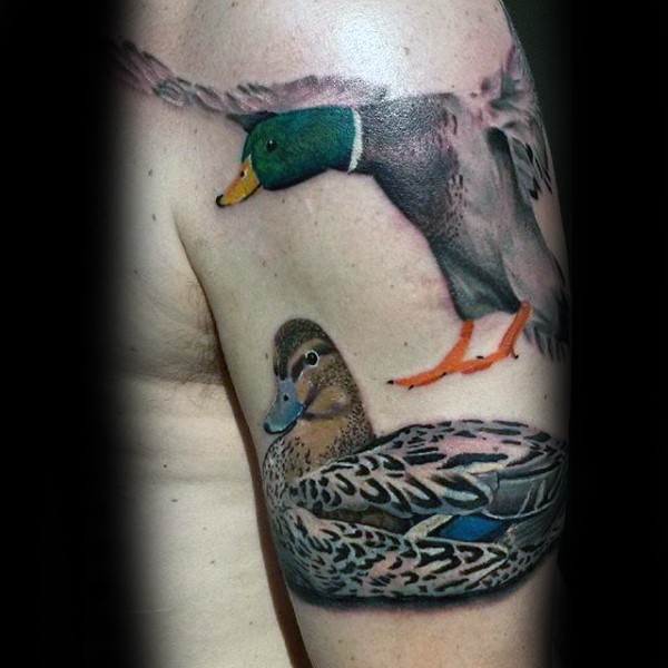 Illustrative style colored ducks tattoo on shoulder