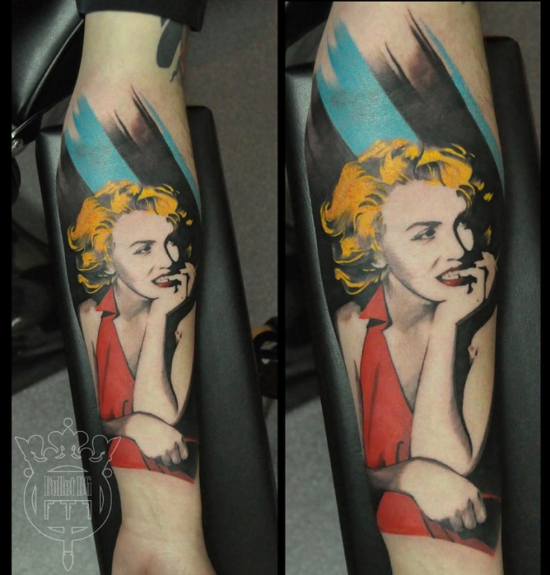 Illustrative style colored forearm tattoo of woman portrait