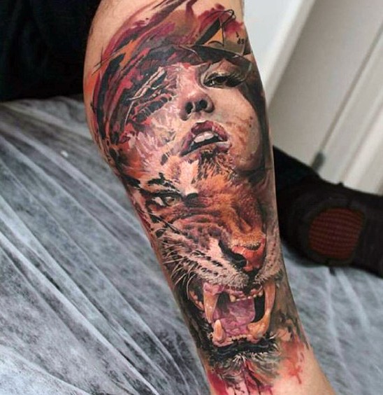 Illustrative style colored forearm tattoo of tiger and woman face