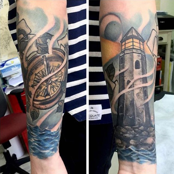 Illustrative style colored forearm tattoo of light house and compass