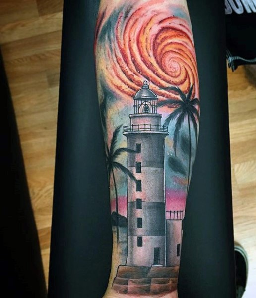 Illustrative style colored forearm tattoo of lighthouse with cool looking sun