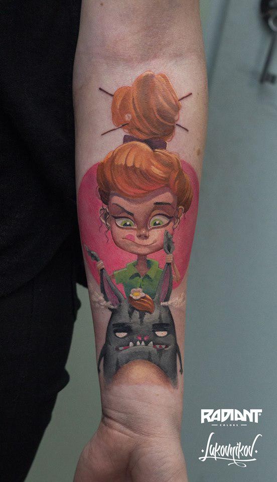 Illustrative style colored forearm tattoo of cute girl with monster