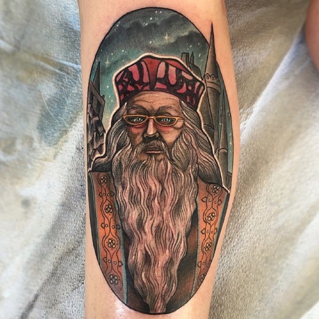 Illustrative style colored forearm tattoo of Harry Potter movie Dumbledore