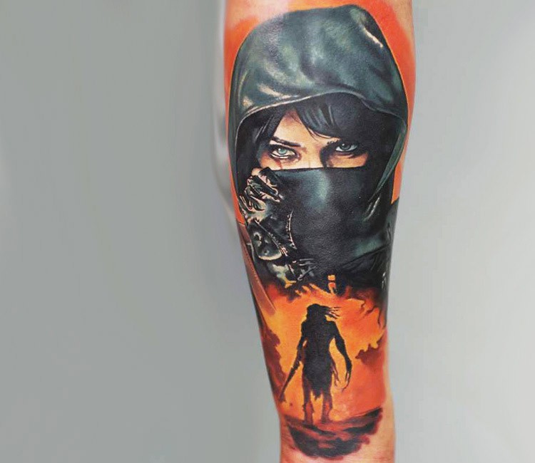Illustrative style colored forearm tattoo of woman in cloak