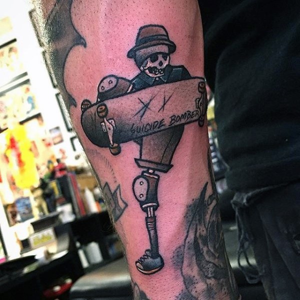 Illustrative style colored forearm tattoo of skeleton skateboarder