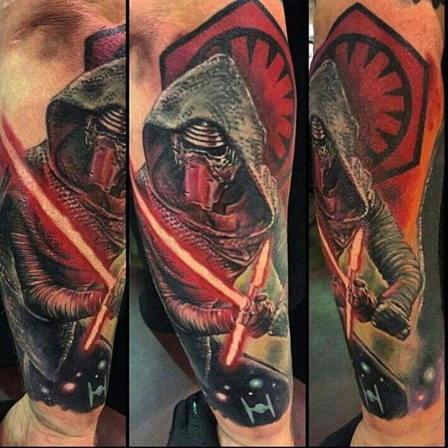 Illustrative style colored forearm tattoo of new Star Wars episode sith villain