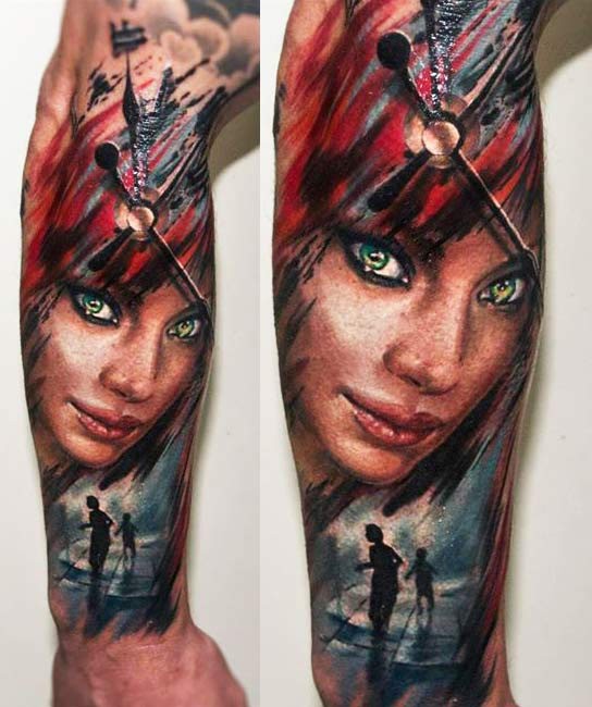 Illustrative style colored forearm tattoo of woman with clock and boys
