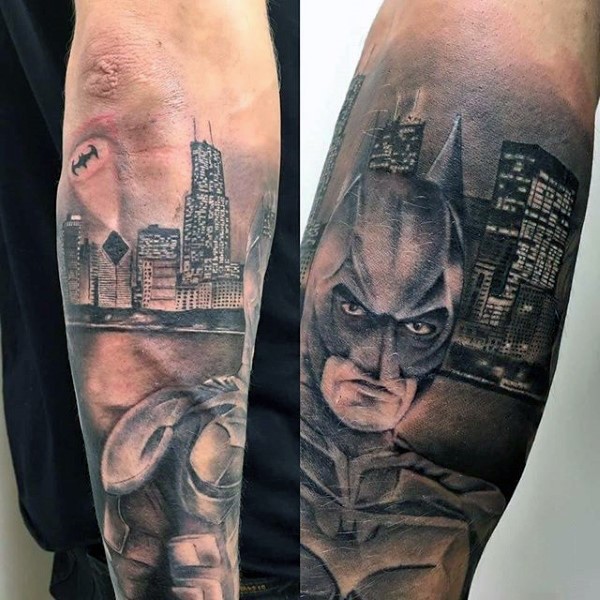 Illustrative style colored forearm tattoo of Batman with night city sights