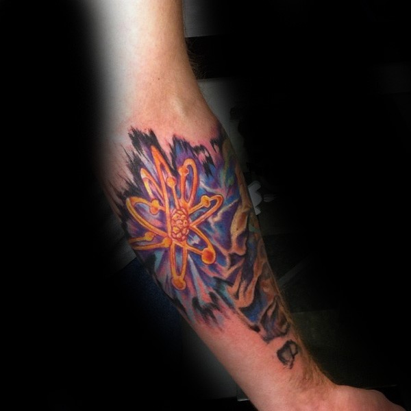 Illustrative style colored forearm tattoo of atom