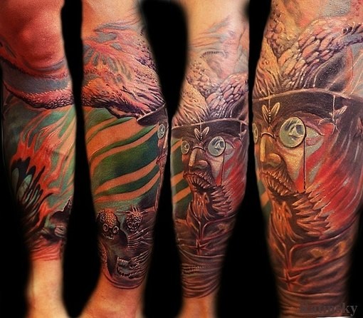 Illustrative style colored forearm tattoo of demonic man face