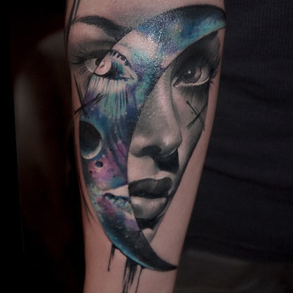 Illustrative style colored forearm tattoo of woman face with moon