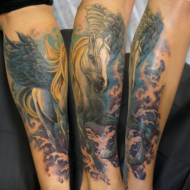 Illustrative style colored forearm tattoo of Pegasus horse