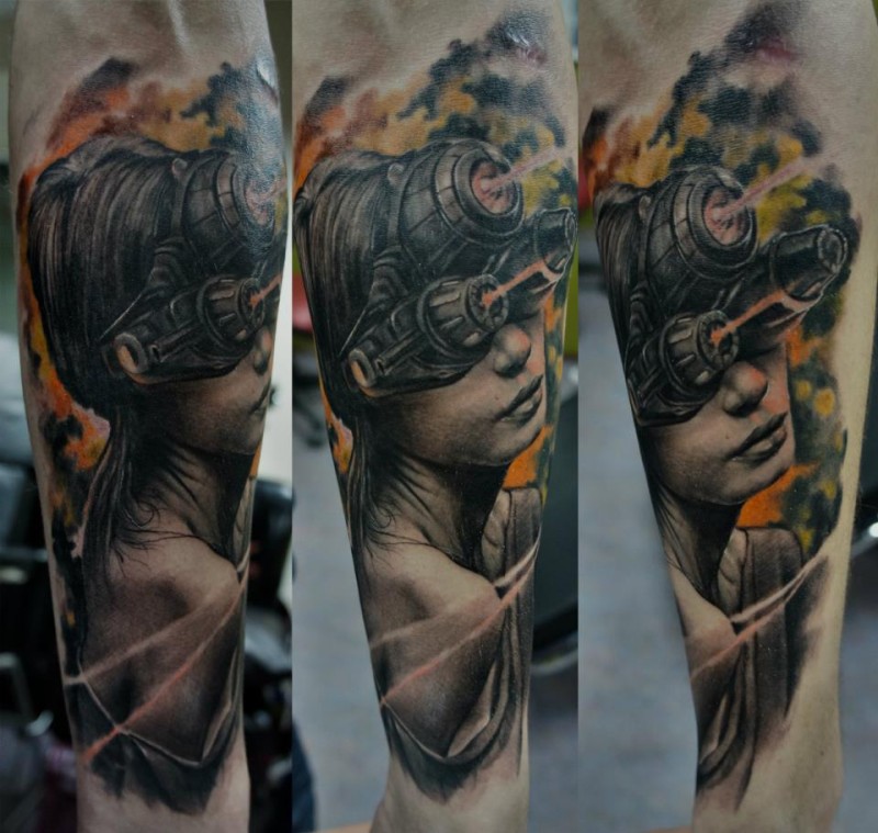 Illustrative style colored forearm tattoo of fantasy woman with mask