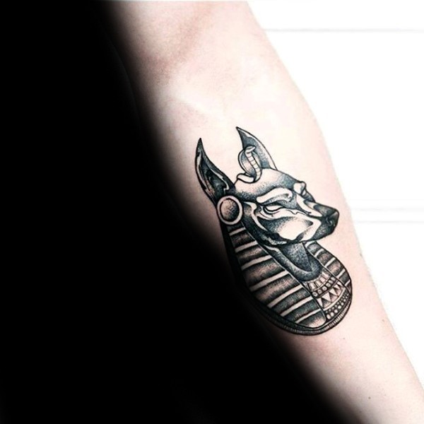 Illustrative style colored forearm tattoo of Egypt God figure