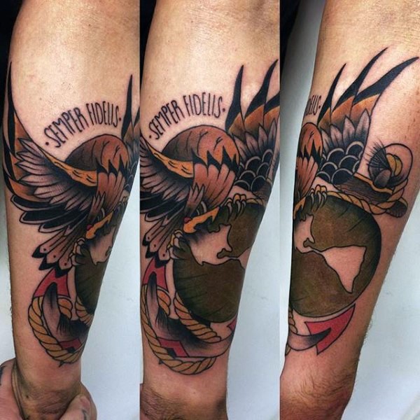 Illustrative style colored forearm tattoo of roped Eagle with and lettering