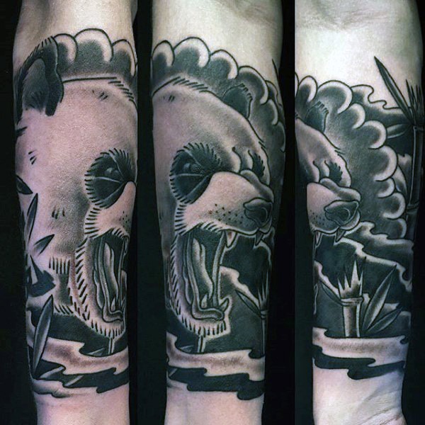 Illustrative style colored forearm tattoo of evil panda bear