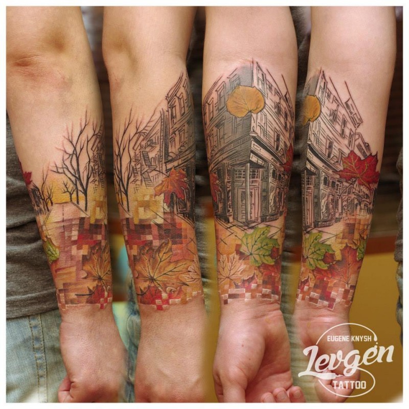 Illustrative style colored forearm tattoo wester city