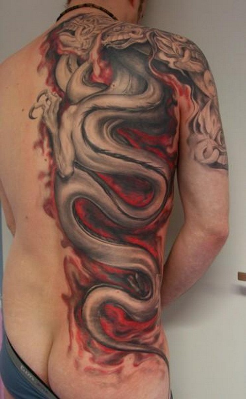 Illustrative style colored half back tattoo of big dragon