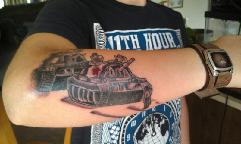 Illustrative style colored hand tattoo of military tanks