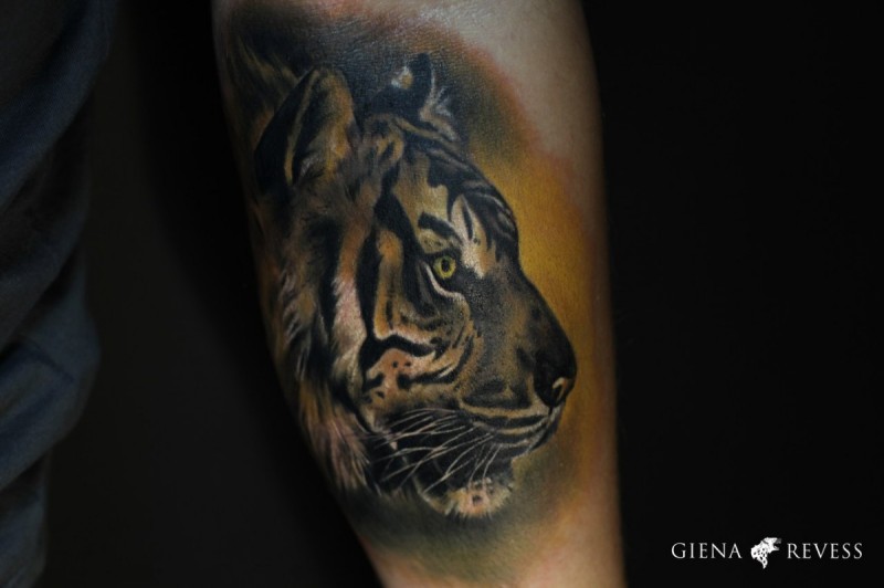 Illustrative style colored hand tattoo of tiger head