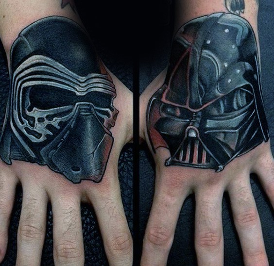 Illustrative style colored hand tattoo of Star Wars sith helmets