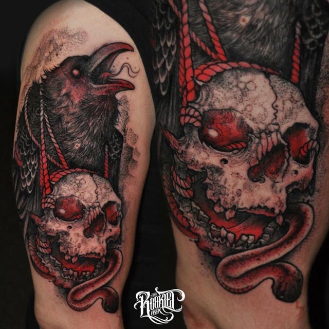 Illustrative style colored human skull with crow