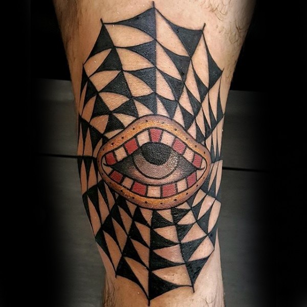 Illustrative style colored knee tattoo of mystic eye and web
