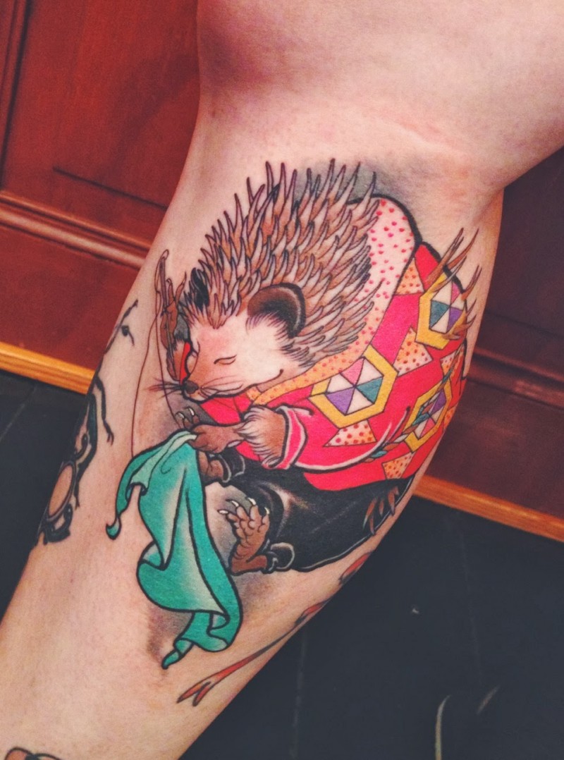 Illustrative style colored leg tattoo of fantasy hedgehog