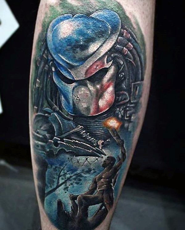 Illustrative style colored leg tattoo of Alien with soldiers