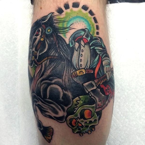 Illustrative style colored leg tattoo of horseman without head