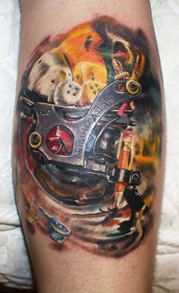 Illustrative style colored leg tattoo of tattoo machine with dice