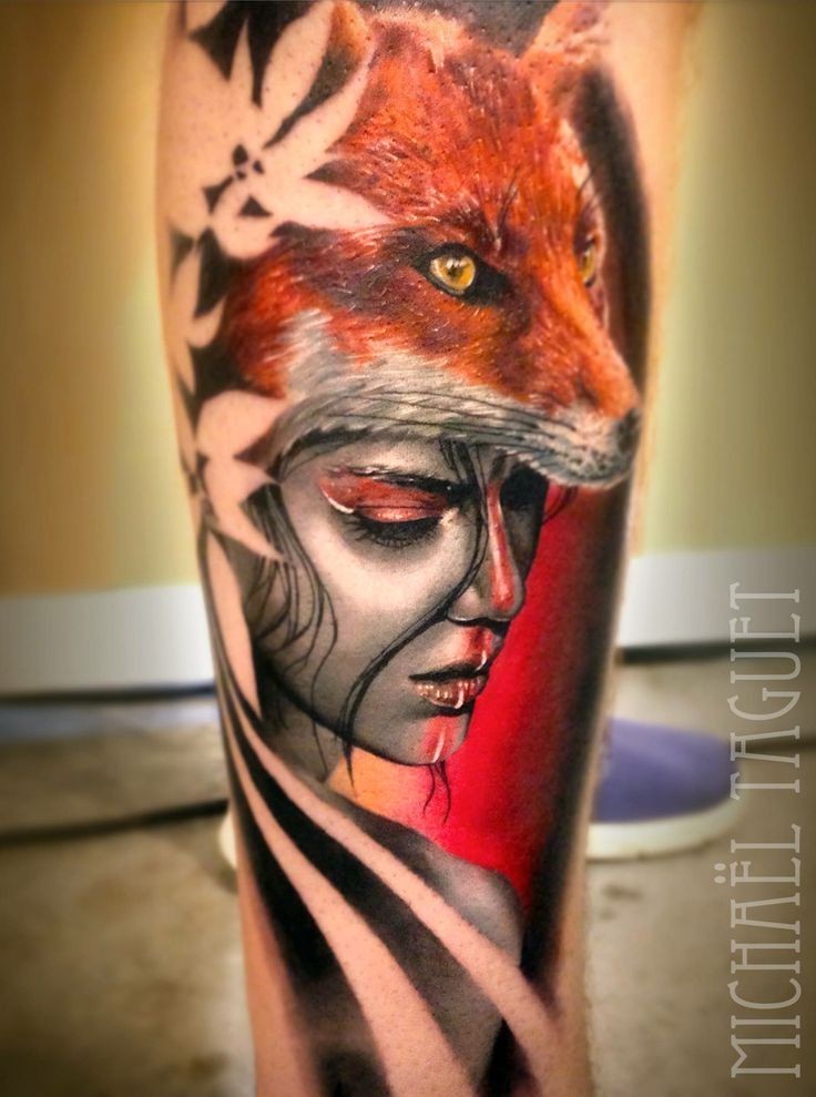 Illustrative style colored leg tattoo of woman with fox helmet