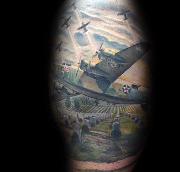 Illustrative style colored leg tattoo of big old bomber with cemetery