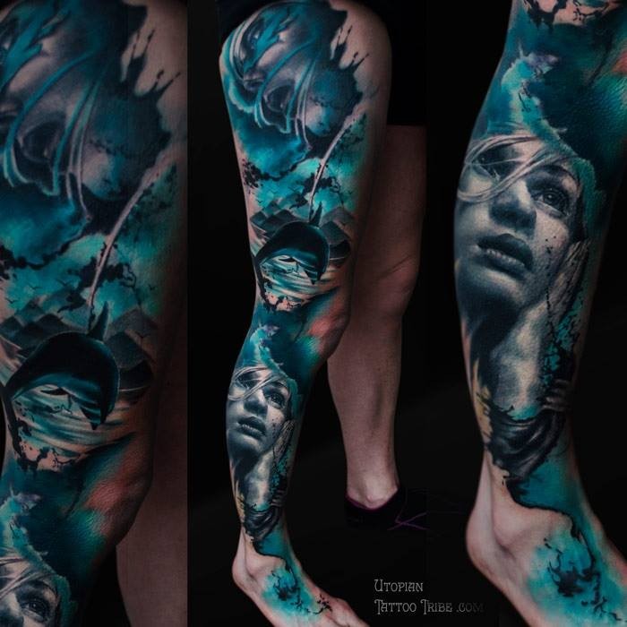 Illustrativer Stil farbiges Bein Tattoo der Frau mit dem Ozean