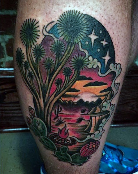 illustrative style colored leg tattoo of beautiful picture