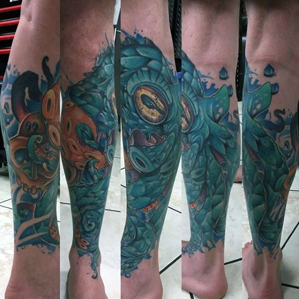 Illustrative style colored leg tattoo of mystical plants