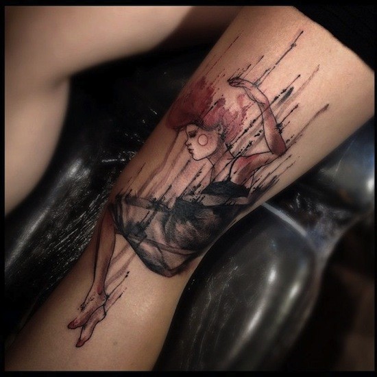 Illustrative style colored leg tattoo of falling woman