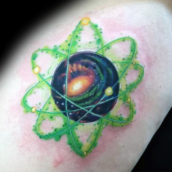 Illustrative style colored leg tattoo of cool atom