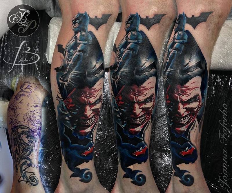 Illustrative style colored leg tattoo of Batman with evil Joker