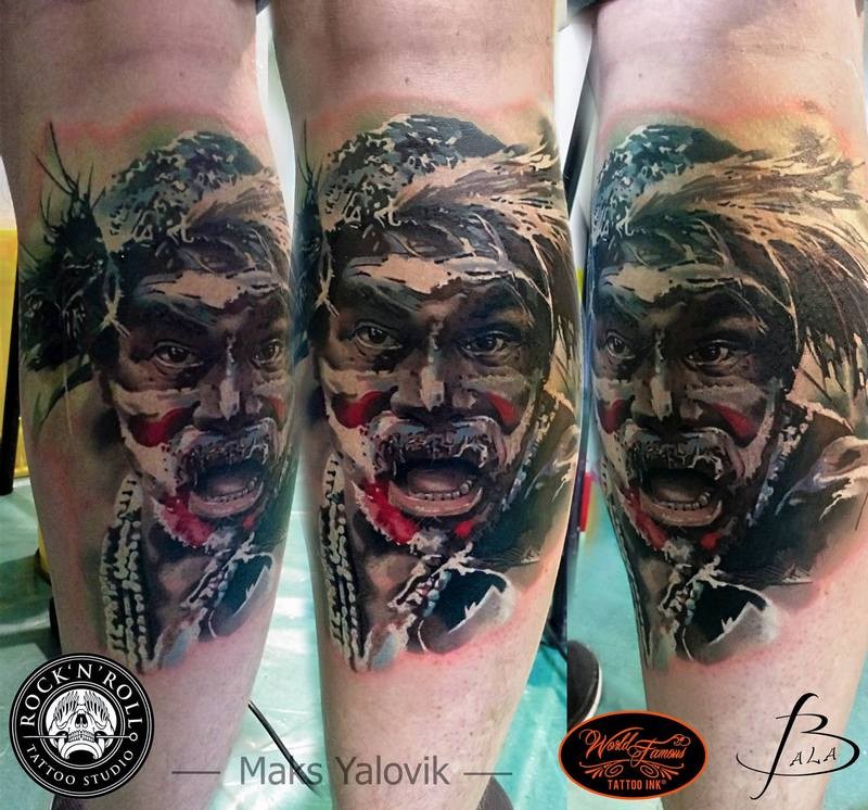 Illustrative style colored leg tattoo of tribal man