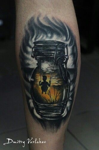 Illustrative style colored leg tattoo of small can with boy