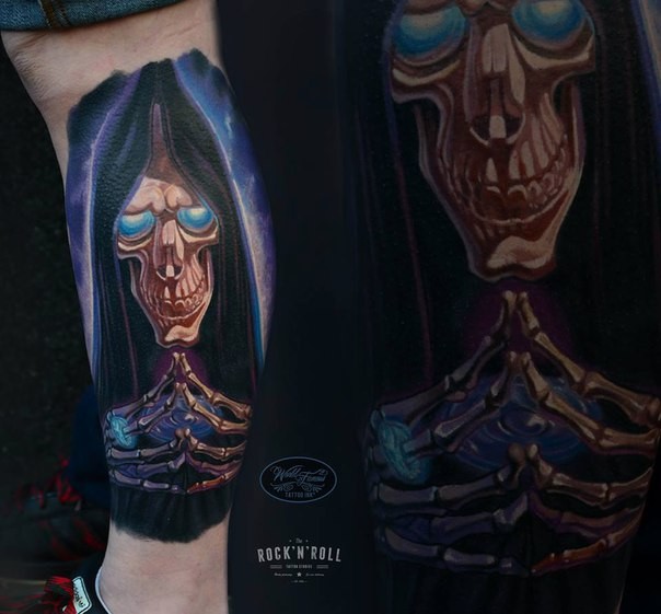 Illustrative style colored leg tattoo of magical Grimm reaper