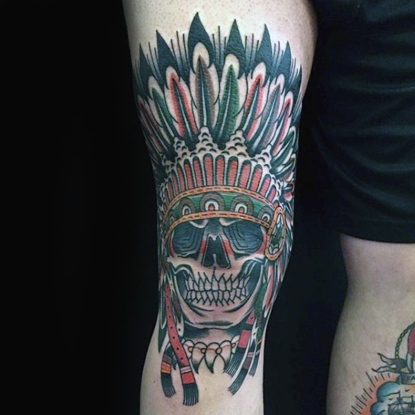 Illustrative style colored leg tattoo of Indian skull
