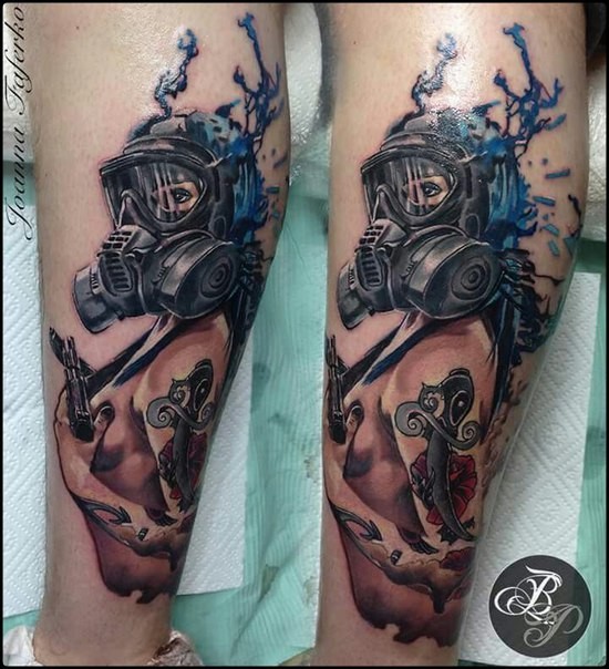 Illustrative style colored leg tattoo of woman with gas mask