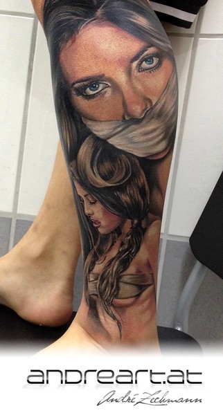 Illustrative style colored leg tattoo of woman with tied mouth